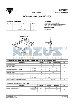 SI7495DP datasheet - P-Channel 12-V (D-S) MOSFET