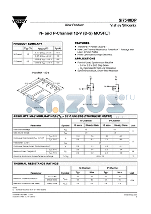SI7540DP datasheet - N- and P-Channel 12-V (D-S) MOSFET