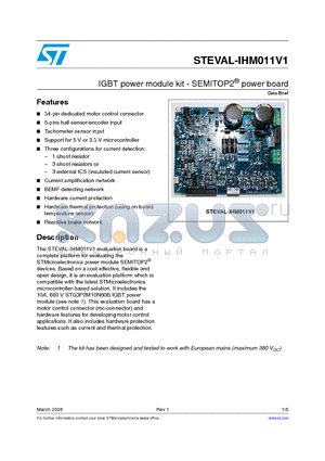 STEVALIHM011V1 datasheet - IGBT power module kit - SEMITOP2^ power board