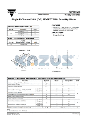 SI7705DN datasheet - Single P-Channel 20-V (D-S) MOSFET With Schottky Diode