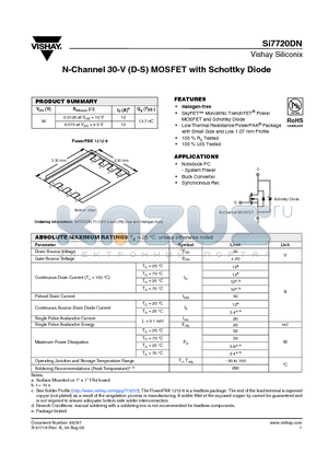 SI7720DN-T1-GE3 datasheet - N-Channel 30-V (D-S) MOSFET with Schottky Diode