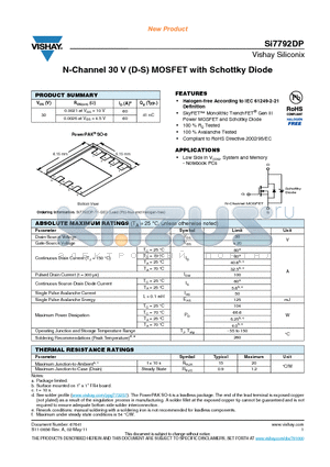 SI7792DP datasheet - N-Channel 30 V (D-S) MOSFET with Schottky Diode