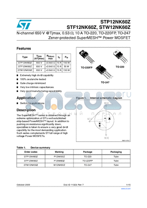 STF12NK60Z datasheet - N-channel 650 V @Tjmax, 0.53 Y, 10 A TO-220, TO-220FP, TO-247 Zener-protected SuperMESH Power MOSFET