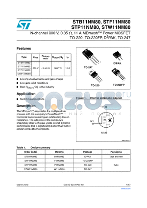 STF11NM80 datasheet - N-channel 800 V, 0.35 Y, 11 A MDmesh Power MOSFET TO-220, TO-220FP, D2PAK, TO-247