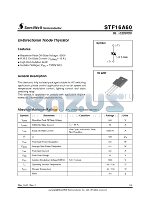 STF16A60 datasheet - Bi-Directional Triode Thyristor