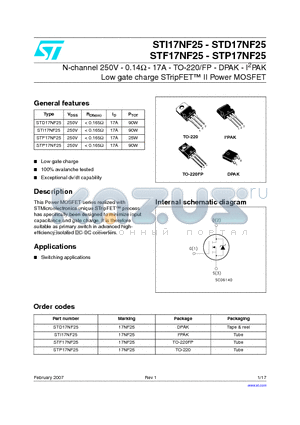 STF17NF25 datasheet - N-channel 250V - 0.14Y - 17A - TO-220/FP - DPAK - I2PAK Low gate charge STripFET II Power MOSFET