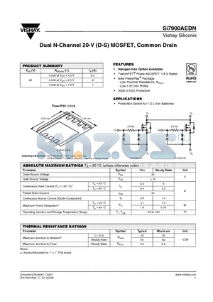 SI7900AEDN datasheet - Dual N-Channel 20-V (D-S) MOSFET, Common Drain