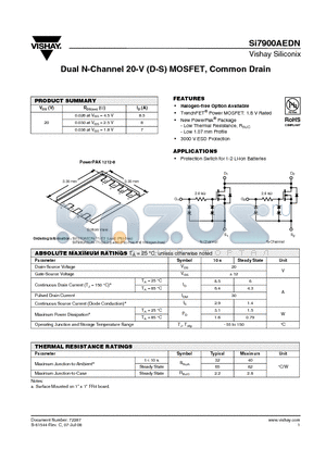SI7900AEDN-T1-GE3 datasheet - Dual N-Channel 20-V (D-S) MOSFET, Common Drain