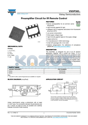 VSOP383 datasheet - Preamplifier Circuit for IR Remote Control