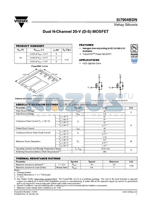 SI7904BDN-T1-E3 datasheet - Dual N-Channel 20-V (D-S) MOSFET