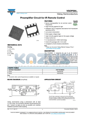 VSOP584 datasheet - Preamplifier Circuit for IR Remote Control