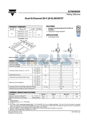 SI7904BDN-T1-GE3 datasheet - Dual N-Channel 20-V (D-S) MOSFET
