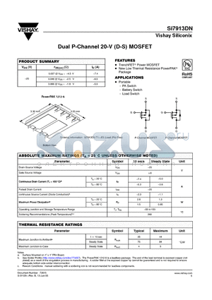 SI7913DN datasheet - Dual P-Channel 20-V (D-S) MOSFET