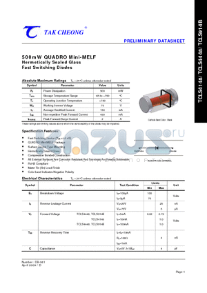 TCLS4148 datasheet - 500mW QUADRO Mini-MELF Hermetically Sealed Glass Fast Switching Diodes