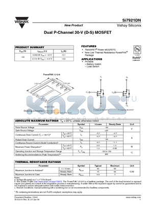 SI7921DN datasheet - Dual P-Channel 30-V (D-S) MOSFET
