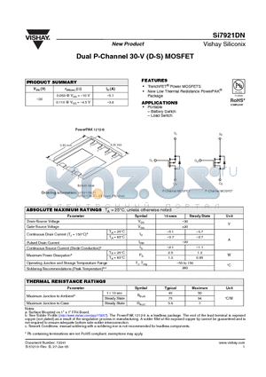 SI7921DN-T1-E3 datasheet - Dual P-Channel 30-V (D-S) MOSFET