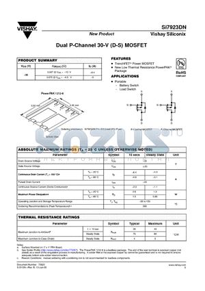SI7923DN-T1-E3 datasheet - Dual P-Channel 30-V (D-S) MOSFET