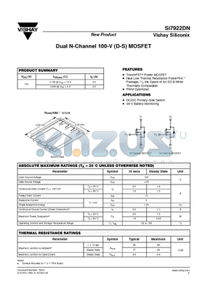 SI7922DN datasheet - Dual N-Channel 100-V (D-S) MOSFET