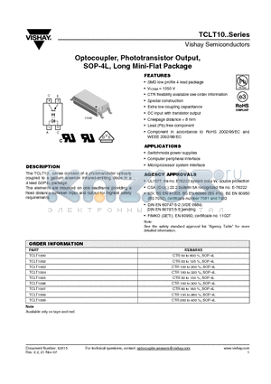 TCLT1002 datasheet - Optocoupler,Phototransistor Output, SOP-4L,Long Mini-Flat Package