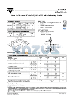 SI7980DP datasheet - Dual N-Channel 20-V (D-S) MOSFET with Schottky Diode