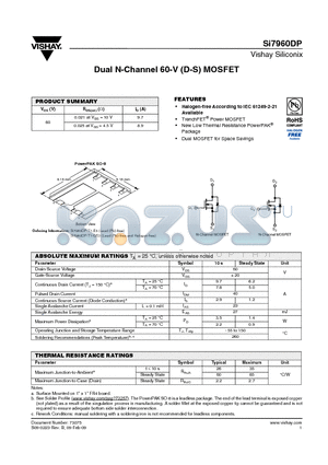 SI7960DP-T1-GE3 datasheet - Dual N-Channel 60-V (D-S) MOSFET