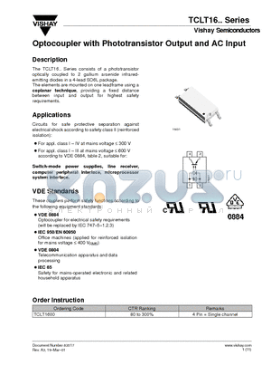 TCLT16 datasheet - Optocoupler with Phototransistor Output and AC Input