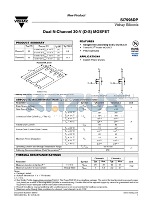 SI7998DP datasheet - Dual N-Channel 30-V (D-S) MOSFET