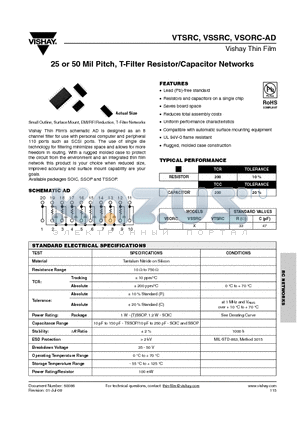 VSORC20AD datasheet - 25 or 50 Mil Pitch, T-Filter Resistor/Capacitor Networks