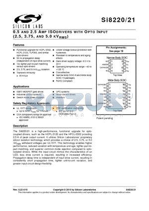 SI8220 datasheet - 0.5 AND 2.5 AMP ISODRIVERS WITH OPTO INPUT (2.5, 3.75, AND 5.0 KVRMS)