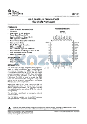 VSP1221 datasheet - 12-BIT, 21-MSPS, ULTRALOW-POWER CCD SIGNAL PROCESSOR