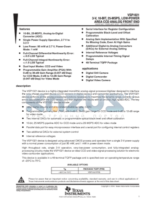 VSP1021 datasheet - 3-V, 10-BIT, 25-MSPS, LOW-POWER AREA CCD ANALOG FRONT END