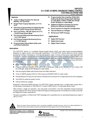 VSP10T21 datasheet - 3-V, 10-BIT, 21-MSPS, ENHANCED TIMING CONTROL CCD ANALOG FRONT END