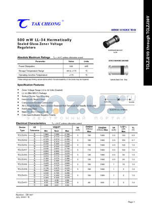TCLZJ2V0 datasheet - 500 mW LL-34 Hermetically Sealed Glass Zener Voltage Regulators