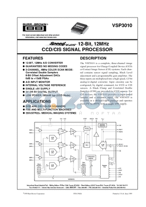 VSP3010 datasheet - 12-Bit, 12MHz CCD/CIS SIGNAL PROCESSOR