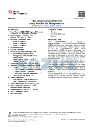 VSP5612RSHR datasheet - 16-Bit, 4-Channel, CCD/CMOS Sensor Analog Front-End with Timing Generator