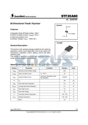 STF20A60 datasheet - Bi-Directional Triode Thyristor