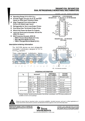 SNJ54AHC123AW datasheet - DUAL RETRIGGERABLE MONOSTABLE MULTIVIBRATORS