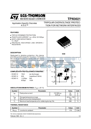 TPN3021 datasheet - TRIPOLAR OVERVOLTAGE PROTECTION FOR NETWORK INTERFACES