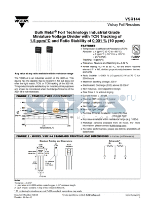 VSR144_07 datasheet - Bulk Metal Foil Technology Industrial Grade Miniature Voltage Divider