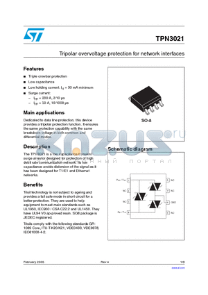 TPN3021 datasheet - Tripolar overvoltage protection for network interfaces