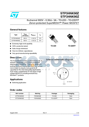 STF3HNK90Z datasheet - N-channel 900V - 0.35Y - 3A - TO-220 - TO-220FP Zener-protected SuperMESH Power MOSFET