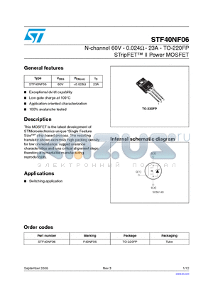 STF40NF06 datasheet - N-channel 60V - 0.024Y - 23A - TO-220FP STripFET II Power MOSFET