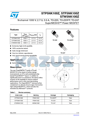 STF5NK100Z datasheet - N-channel 1000 V, 2.7 Y, 3.5 A, TO-220, TO-220FP, TO-247 SuperMESH3 Power MOSFET