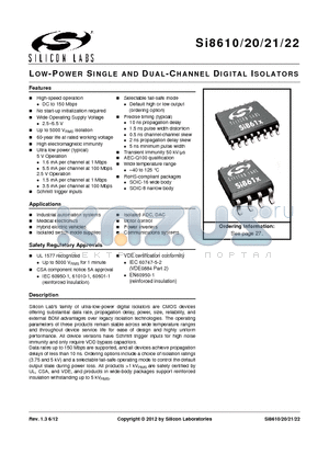 SI8610BC-B-IS datasheet - LOW-POWER SINGLE AND DUAL-CHANNEL DIGITAL ISOLATORS