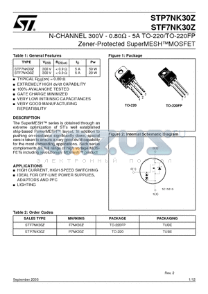 STF7NK30Z datasheet - N-CHANNEL 300V - 0.80Y - 5A TO-220/TO-220FP Zener-Protected SuperMESHMOSFET