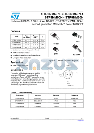 STF8NM60N datasheet - N-channel 600 V - 0.56 Y - 7 A - TO-220 - TO-220FP - IPAK - DPAK second generation MDmesh Power MOSFET