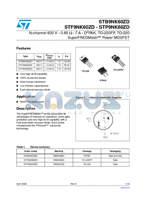 STF9NK60ZD datasheet - N-channel 600 V - 0.85 Y - 7 A - D2PAK, TO-220FP, TO-220 SuperFREDMesh Power MOSFET