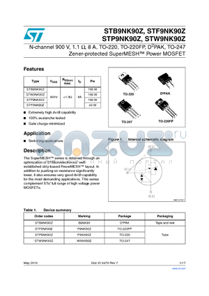 STF9NK90Z datasheet - N-channel 900 V, 1.1 Y, 8 A, TO-220, TO-220FP, D2PAK, TO-247 Zener-protected SuperMESH Power MOSFET