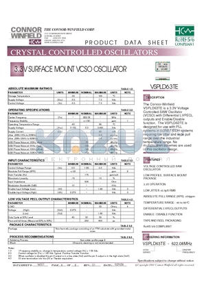 VSPLD63TE datasheet - 3.3V SURFACE MOUNT VCSO OSCILLATOR