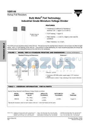 VSR144 datasheet - Bulk Metal Foil Technology Industrial Grade Miniature Voltage Divider